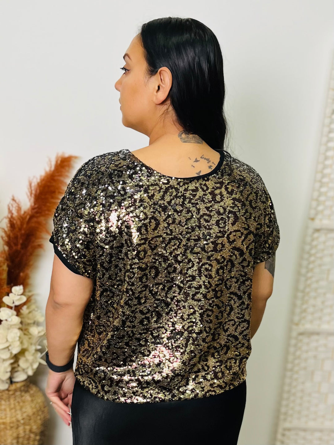 "SHAY" Sequin Animal Print Top-Black & Gold