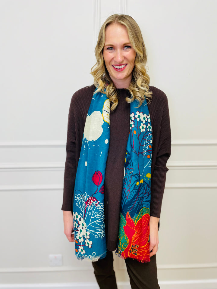 No.118 Artistic Print Scarf-Teal & Multicolour