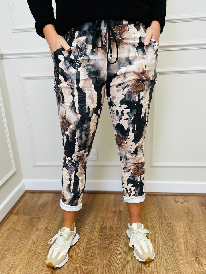"CARMELA" Floral Print Trouser-Camel & Black
