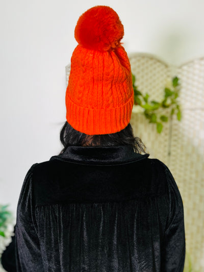 Orange Knit Faux Fur Pom Hat