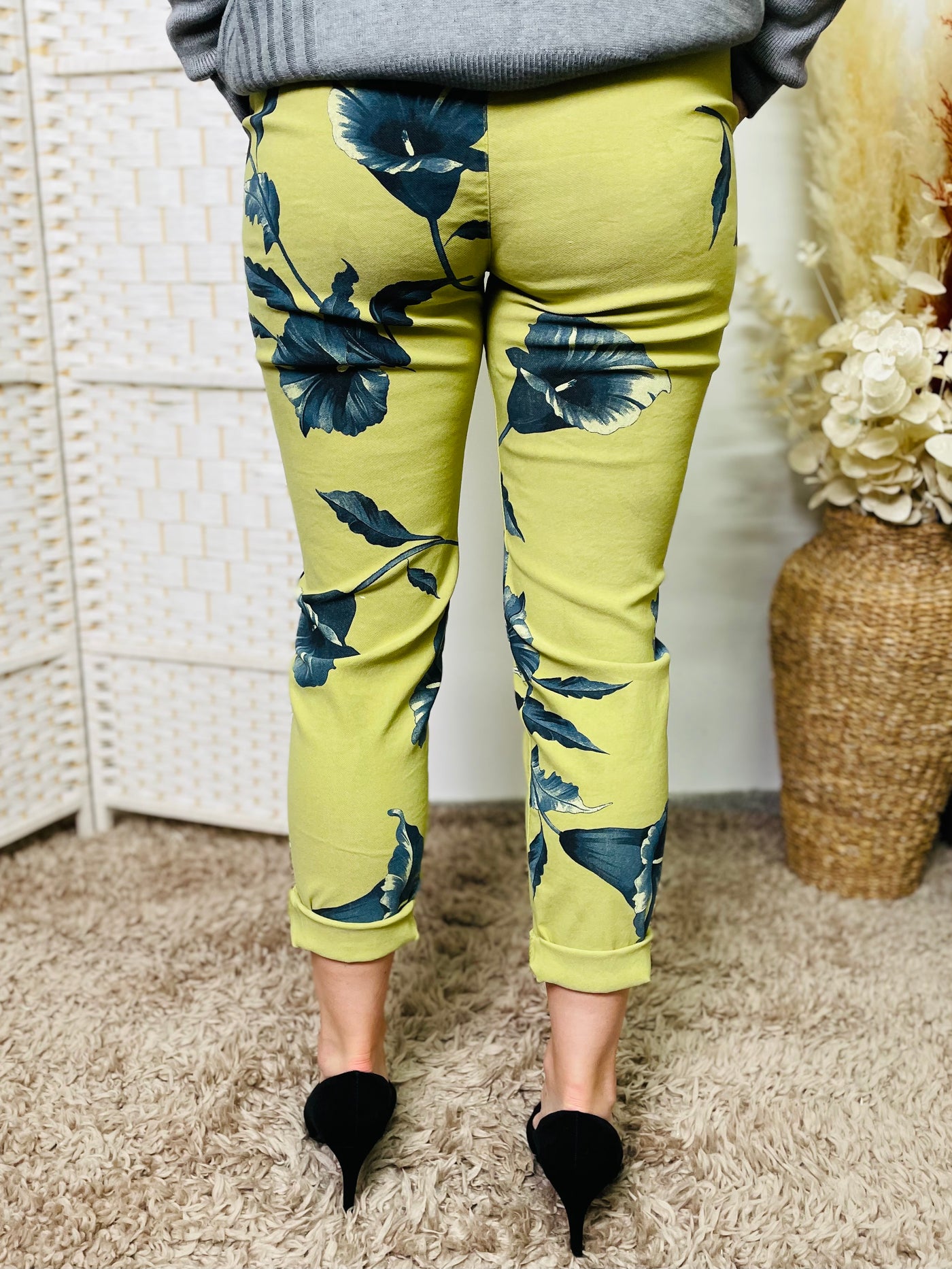 "CARMELA" Floral Print Trouser-Lime Green & Navy