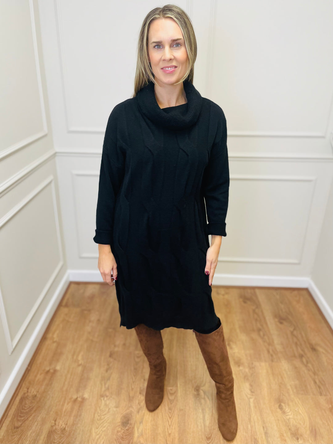 "BELINDA" Cable Knit Roll Neck Dress-Black