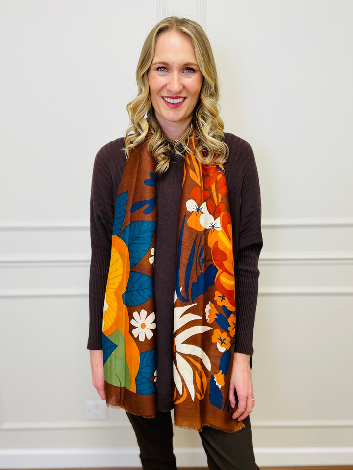 No.117 Floral Print Scarf-Tan & Multicolour