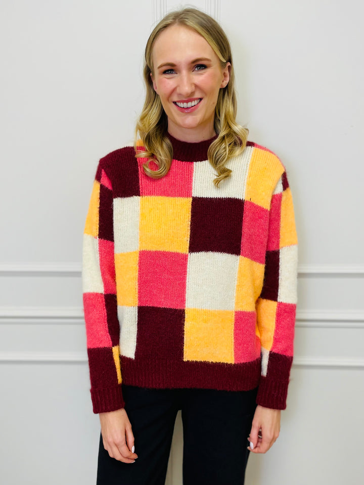 "FRANCESCA" Block Print Jumper-Burgundy, Yellow & Pink