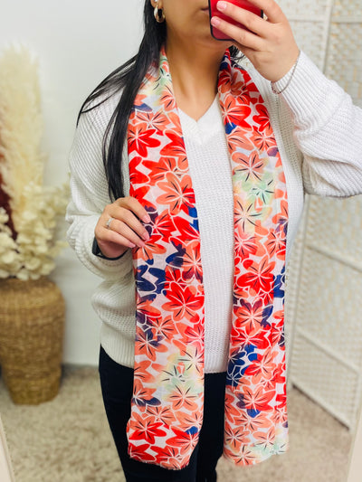 No.44 Floral Print Scarf-White & Red
