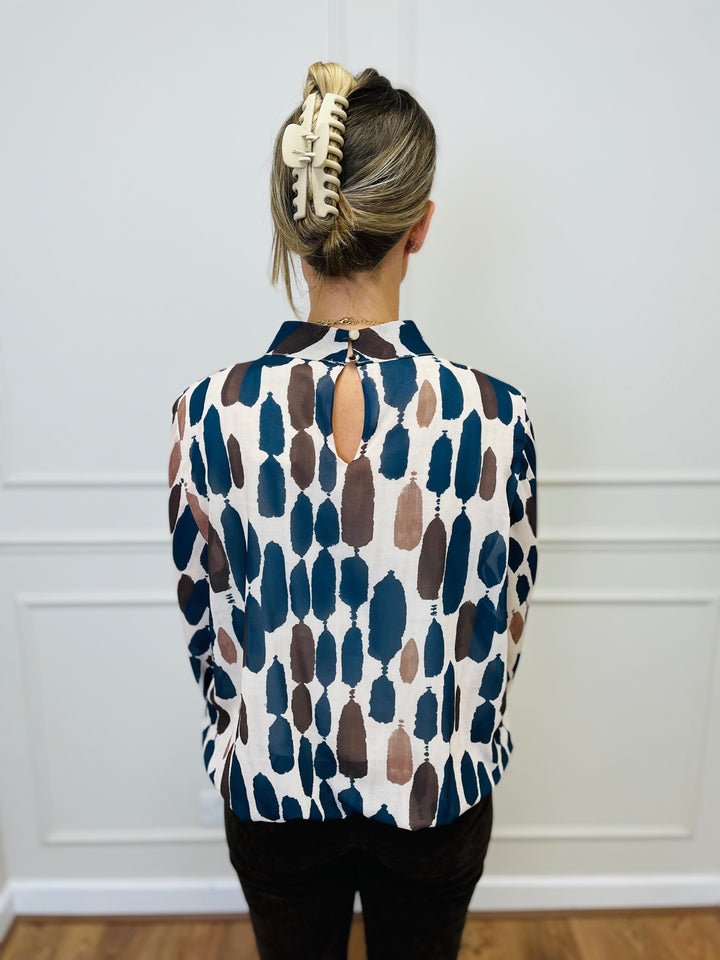 "TERESA" Abstract Print Blouse-Cream & Navy