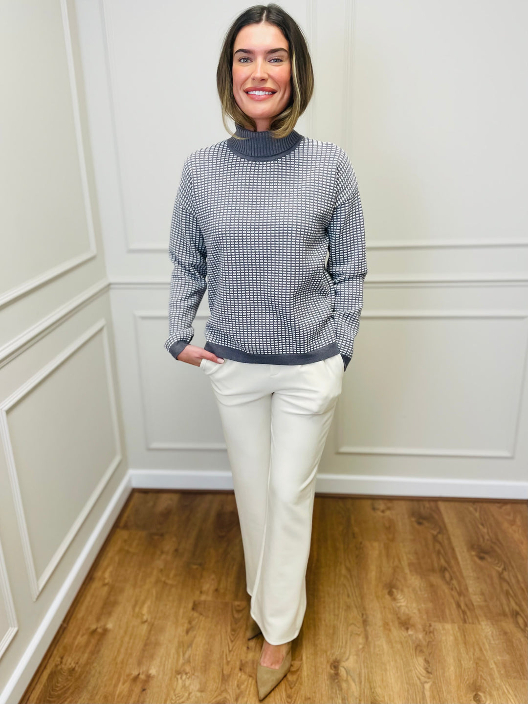 "CELINE" Geometric Print Jumper-Grey & White