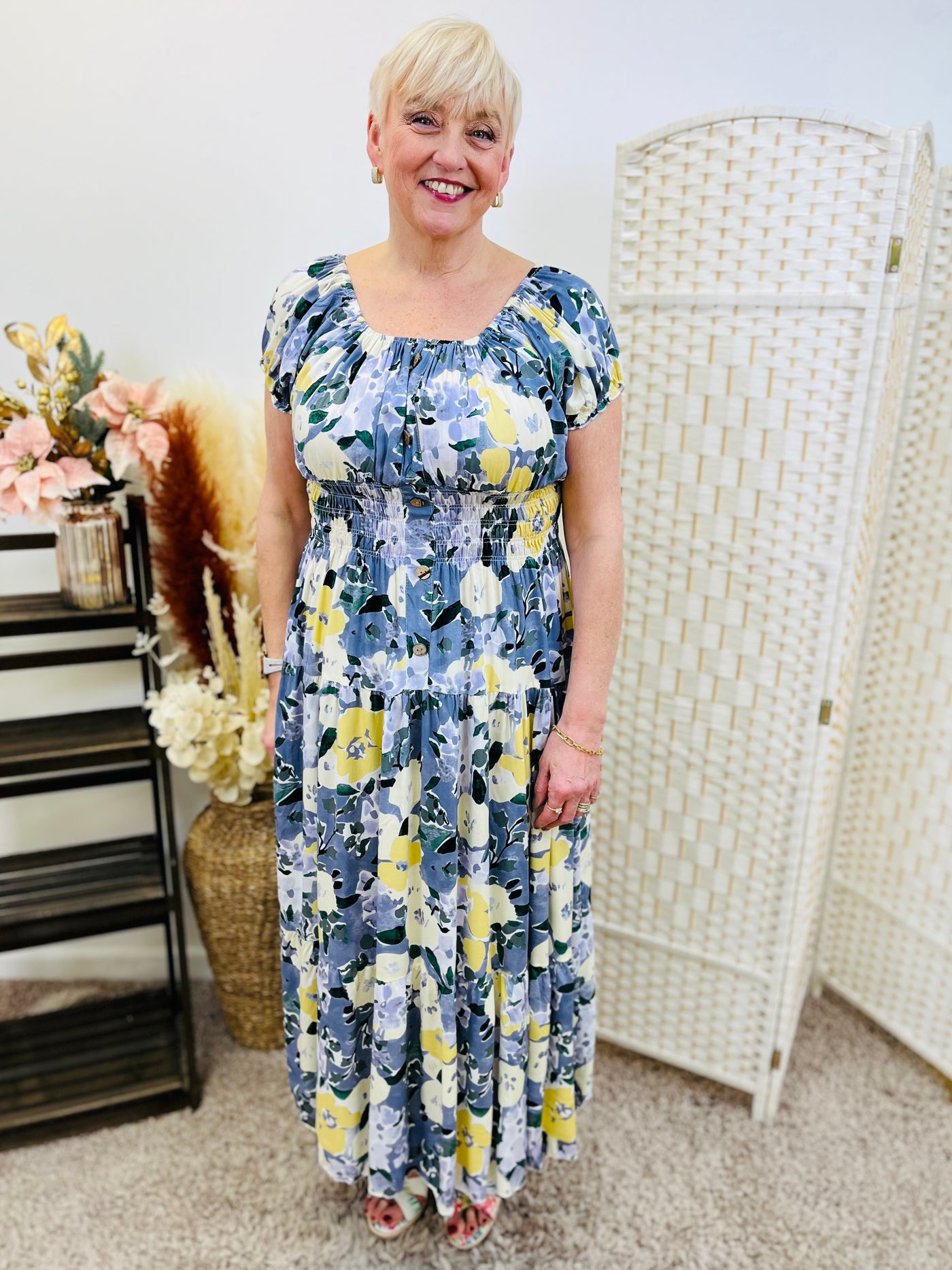 "MATILDA" Floral Print Maxi Dress-Blue & Multicolour