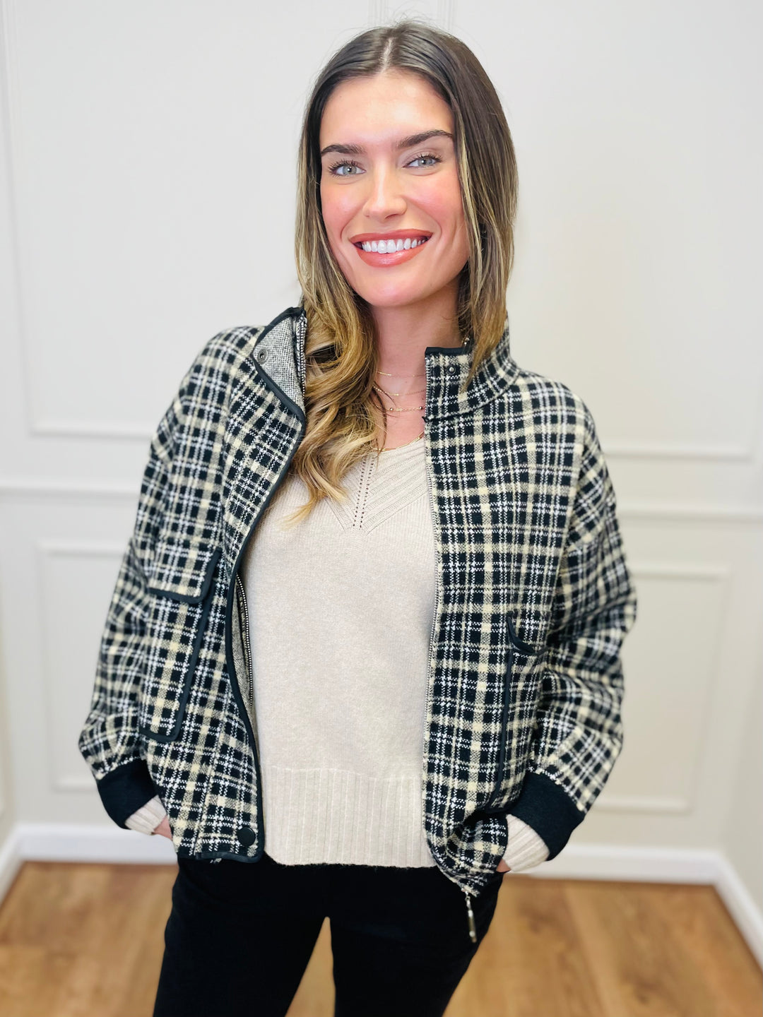 "CELINE" Checked Jacket-Black/White & Tan