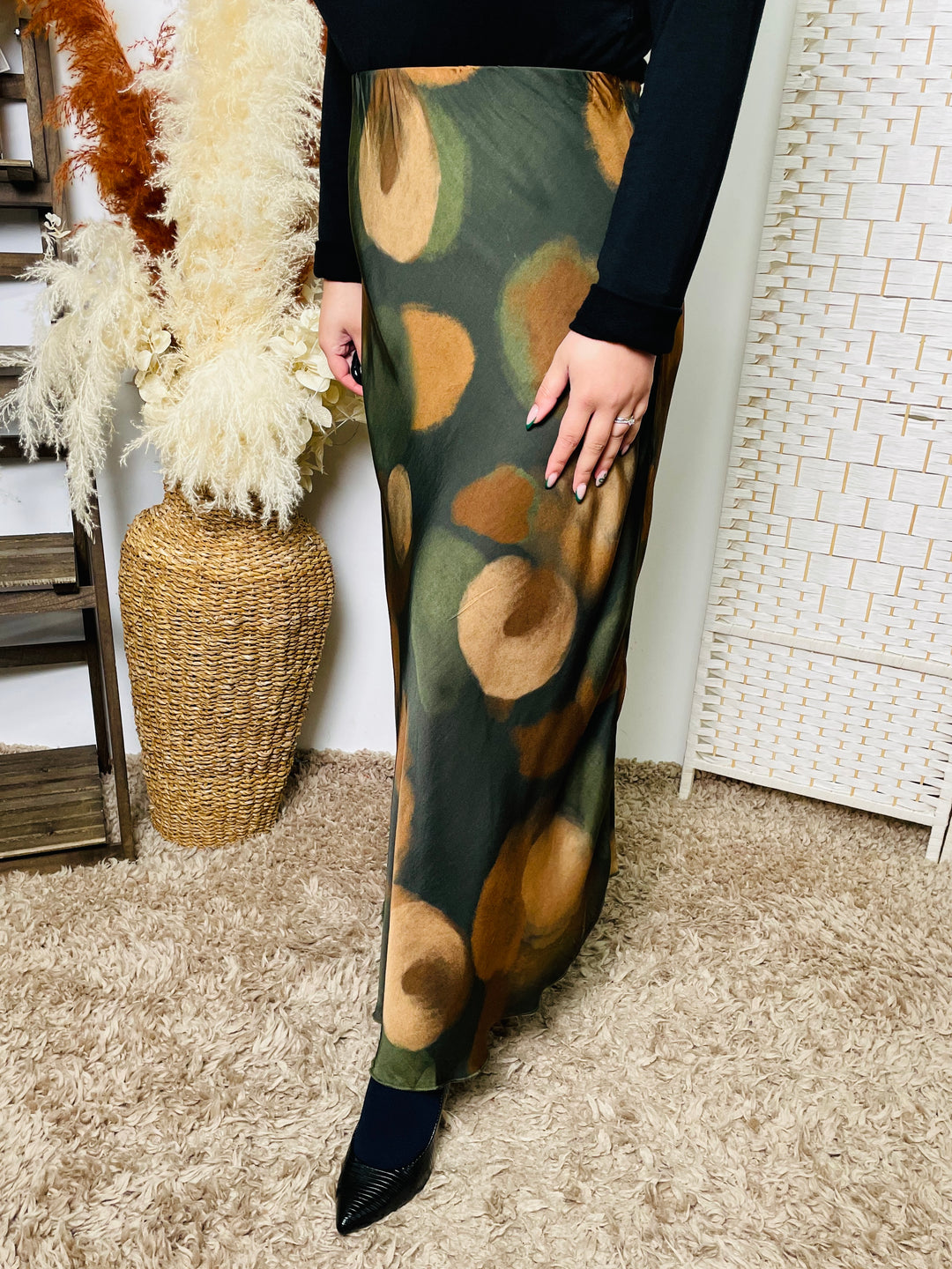 "NARA" Artistic Print Maxi Skirt-Green