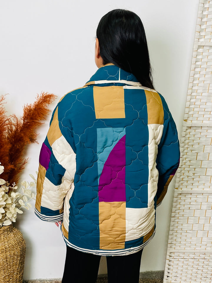 “HUNTER" Quilted Jacket-Teal & Multicolour