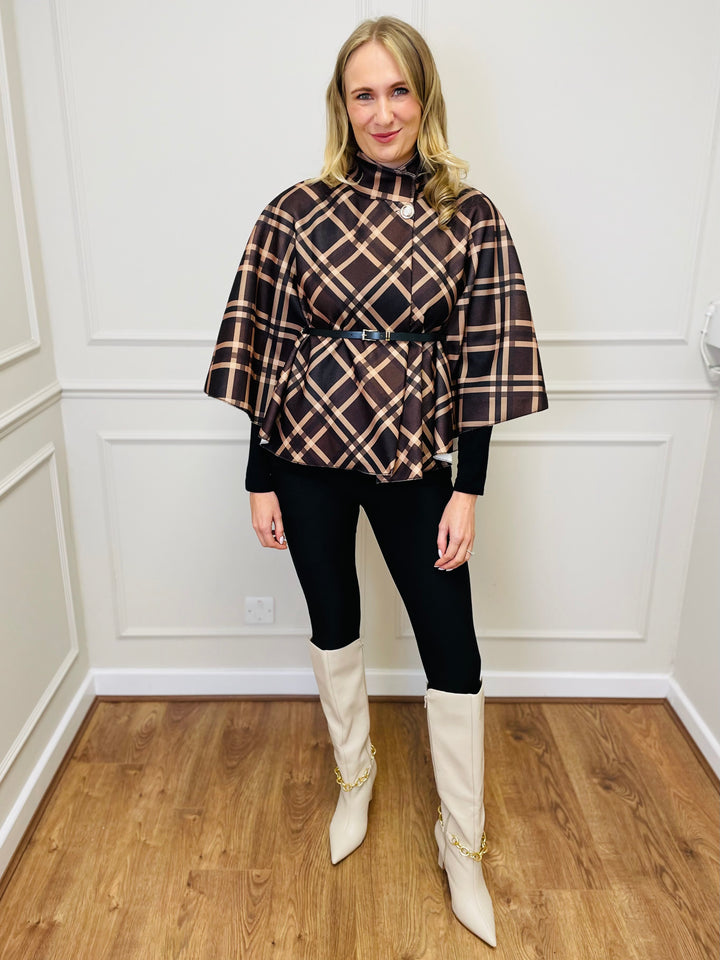 "LORELAI" Check Print Cape Coat-Brown & Tan