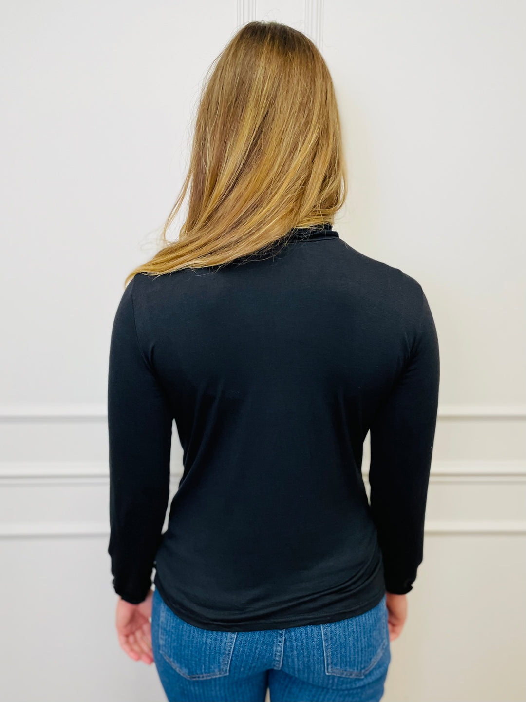 "LIVIA" Ruffle Polo Neck Top-Black