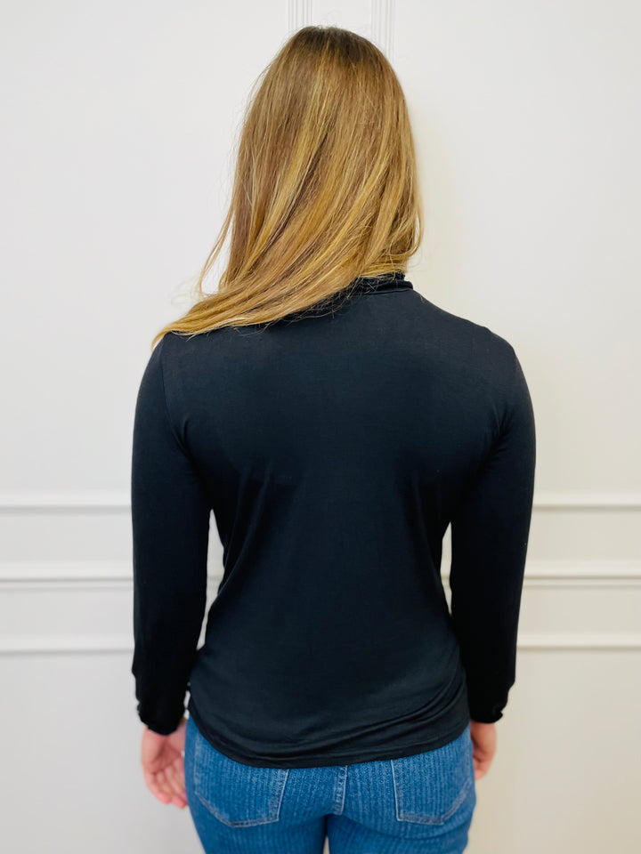 "LIVIA" Ruffle Polo Neck Top-Black