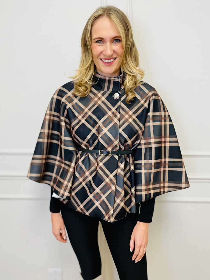 "LORELAI" Check Print Cape Coat-Black & Tan