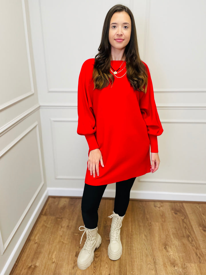 "EVELYN" Button Back Dress-Red