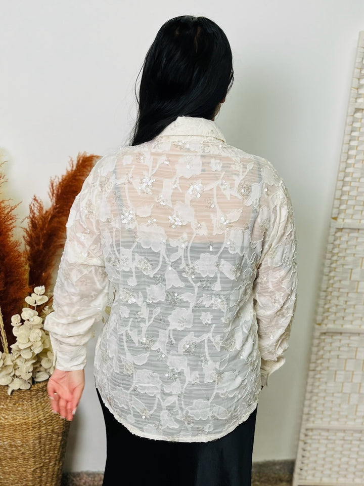 "DEBORAH" Textured Floral Shirt-White