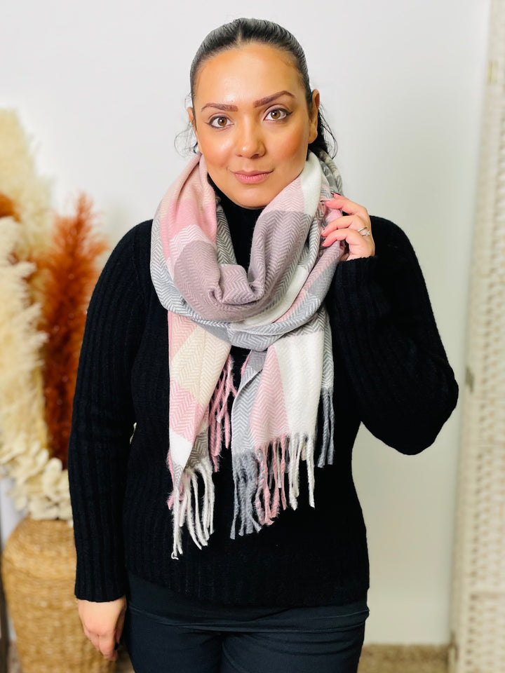 No.62 Check Print Scarf-Pink & Grey