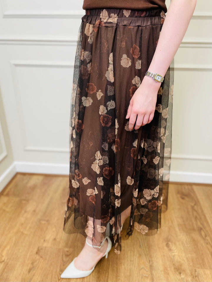 "IZZY" Floral Print Tulle Skirt-Black & Tan