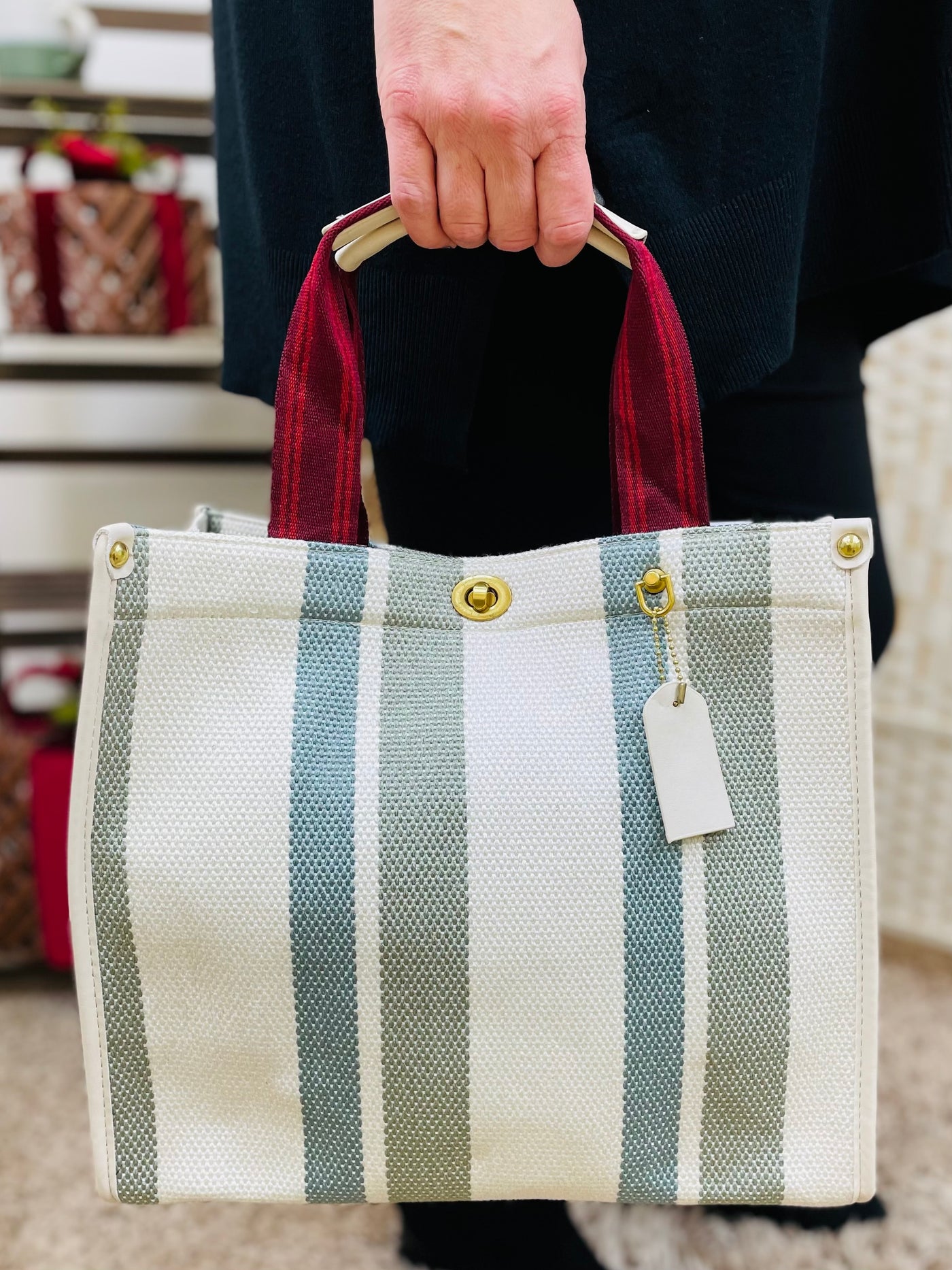 Stripe Print Handbag-Cream/Green & Teal
