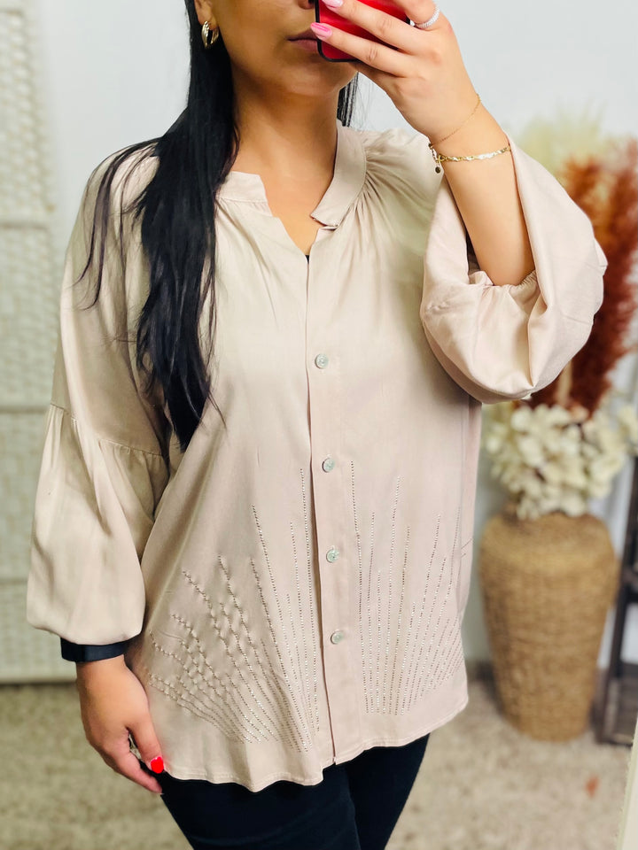 “ELOISE” Rhinestone Shirt-Sand