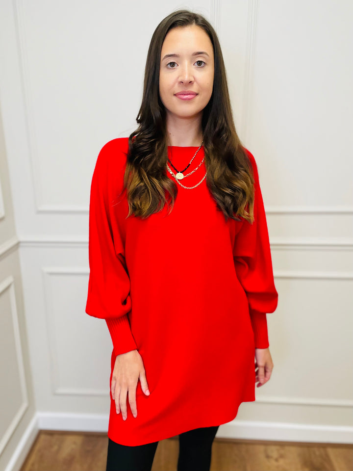 "EVELYN" Button Back Dress-Red