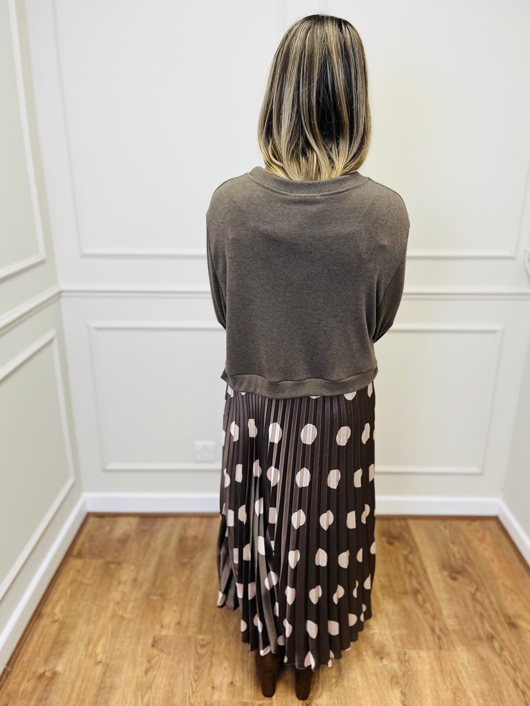 "DOTTY" Polka Dot Pleated Dress-Mocha & Cream