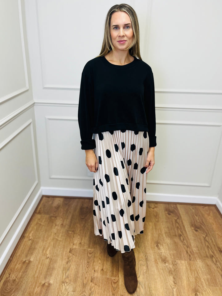 "DOTTY" Polka Dot Pleated Dress-Black & Cream