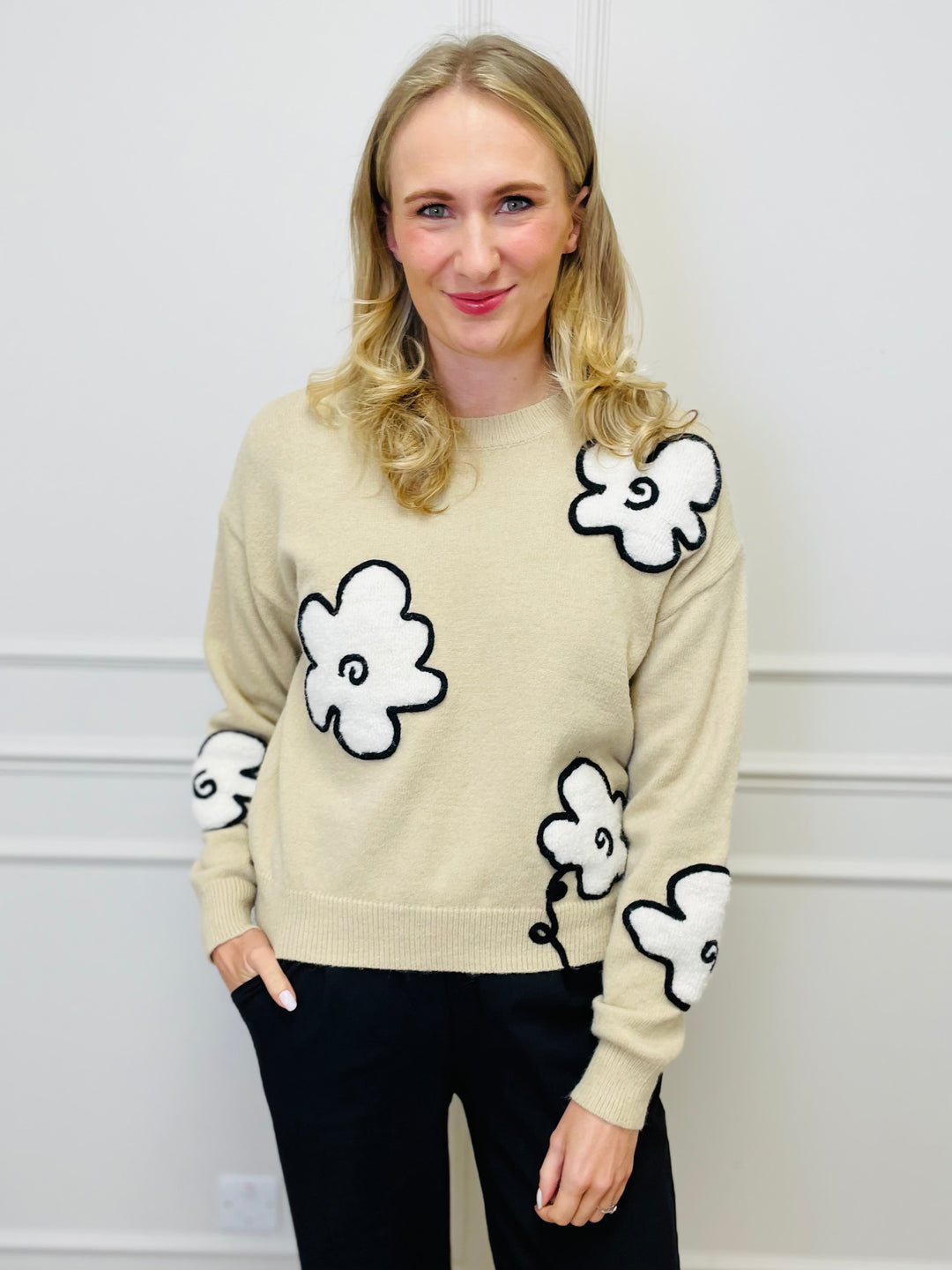 "FLORA" Embroidered Floral Jumper-Beige