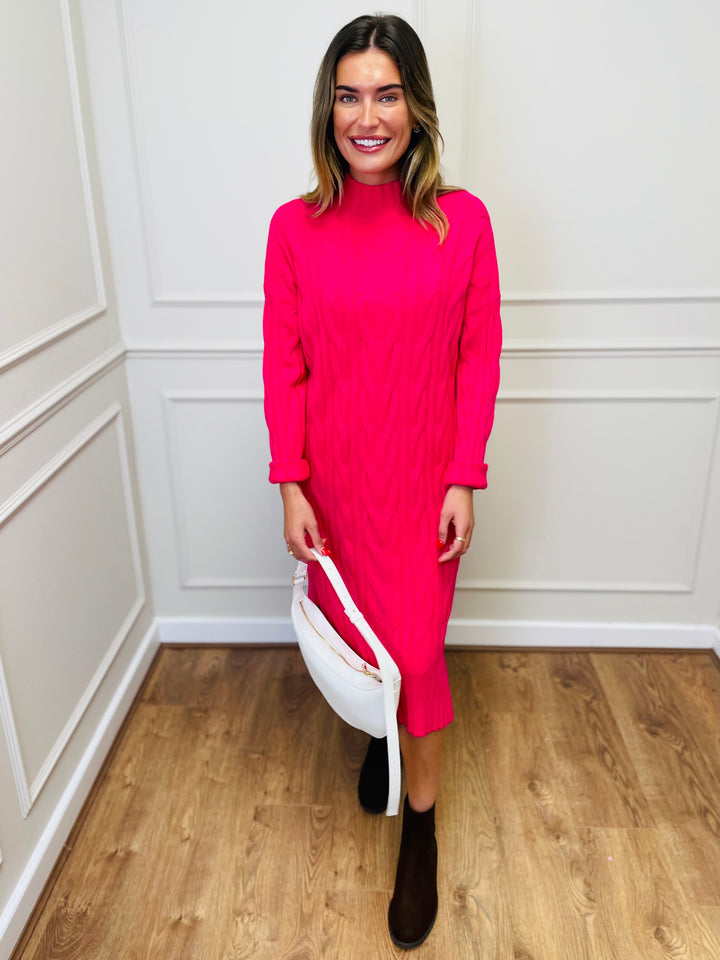"ELY" Cable Knit Midi Dress-Cerise Pink