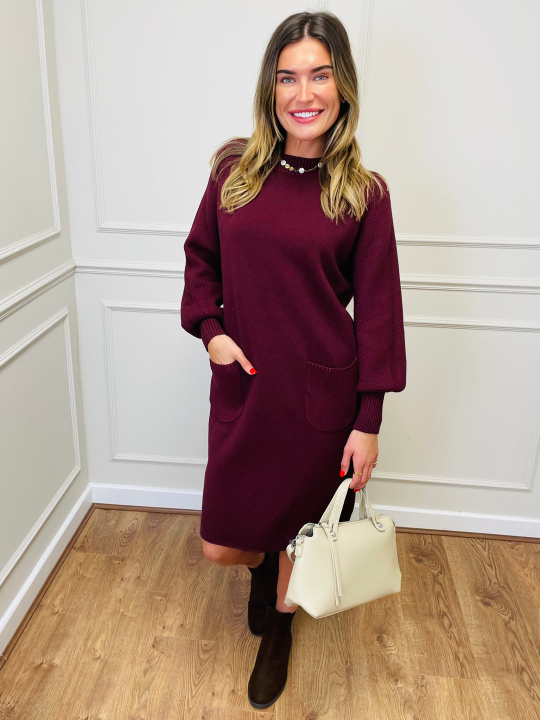 "TAYLOR" Pocket Knit Midi Dress-Burgundy