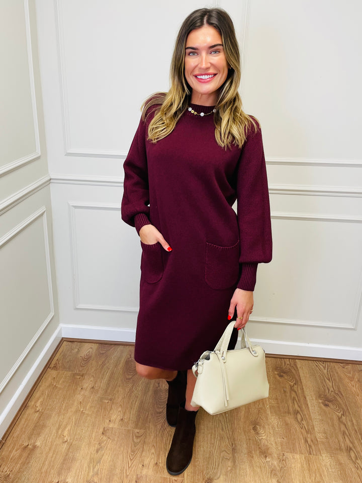 "TAYLOR" Pocket Knit Midi Dress-Burgundy