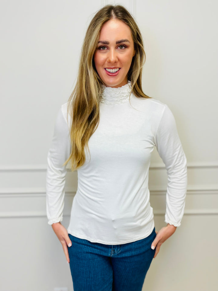 "LIVIA" Ruffle Polo Neck Top-White