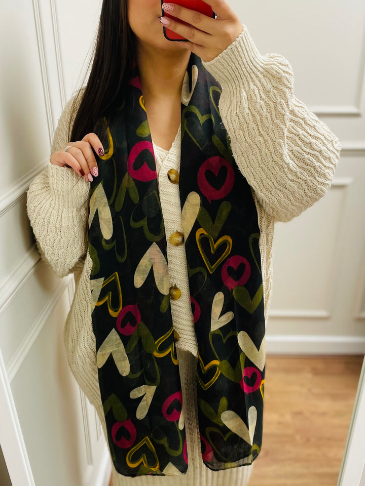 No.112 Heart Print Scarf-Black & Green