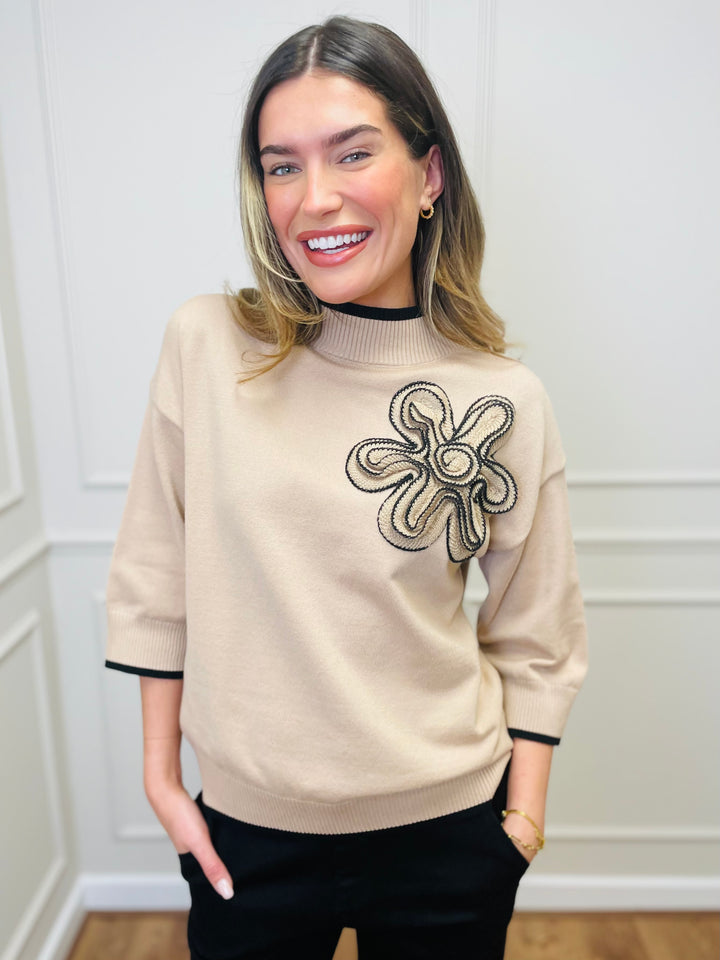 "ROSE" Floral Applique Knit-Camel & Black