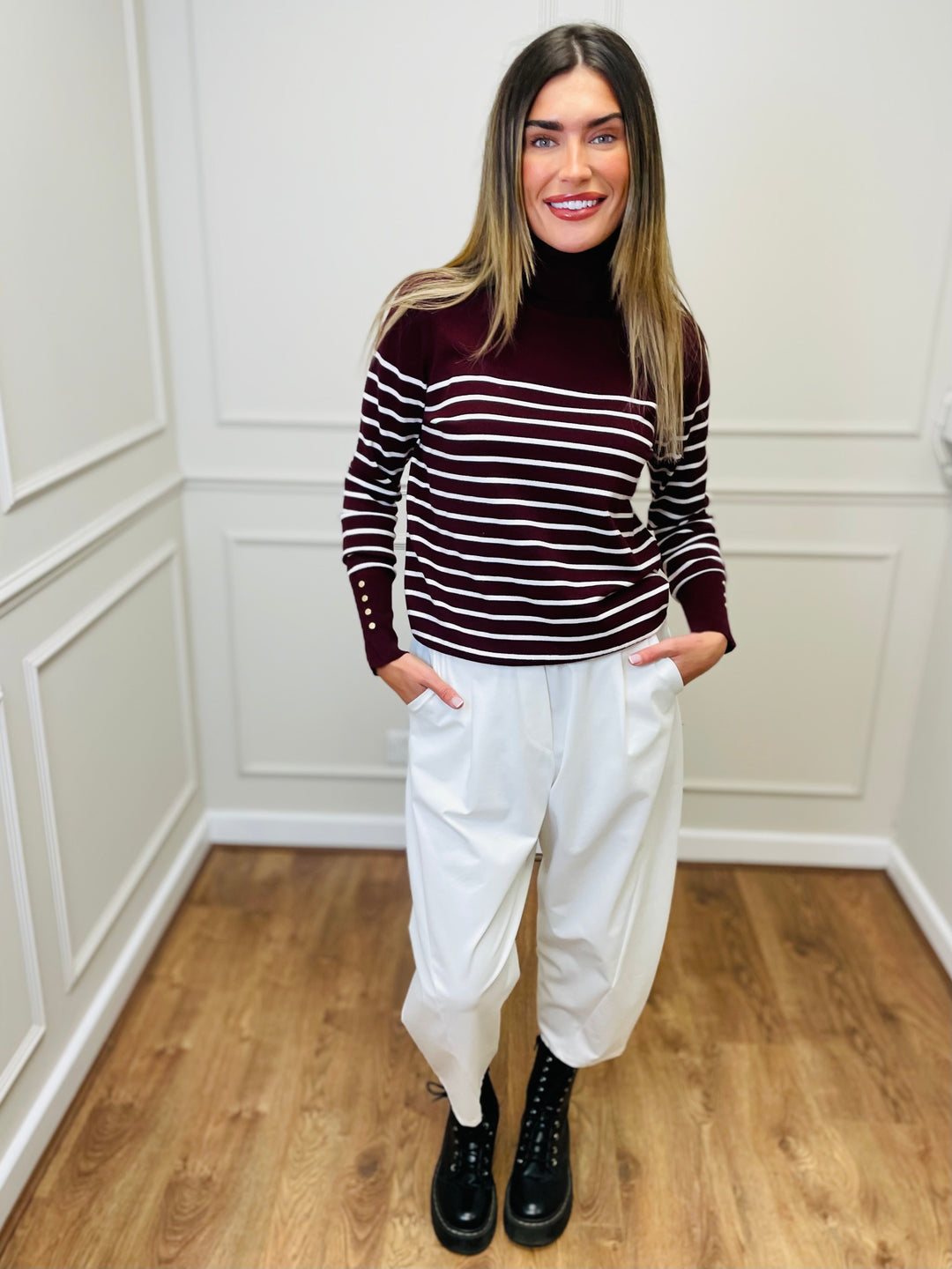 "GRACE" Stripe Print Jumper-Burgundy & White