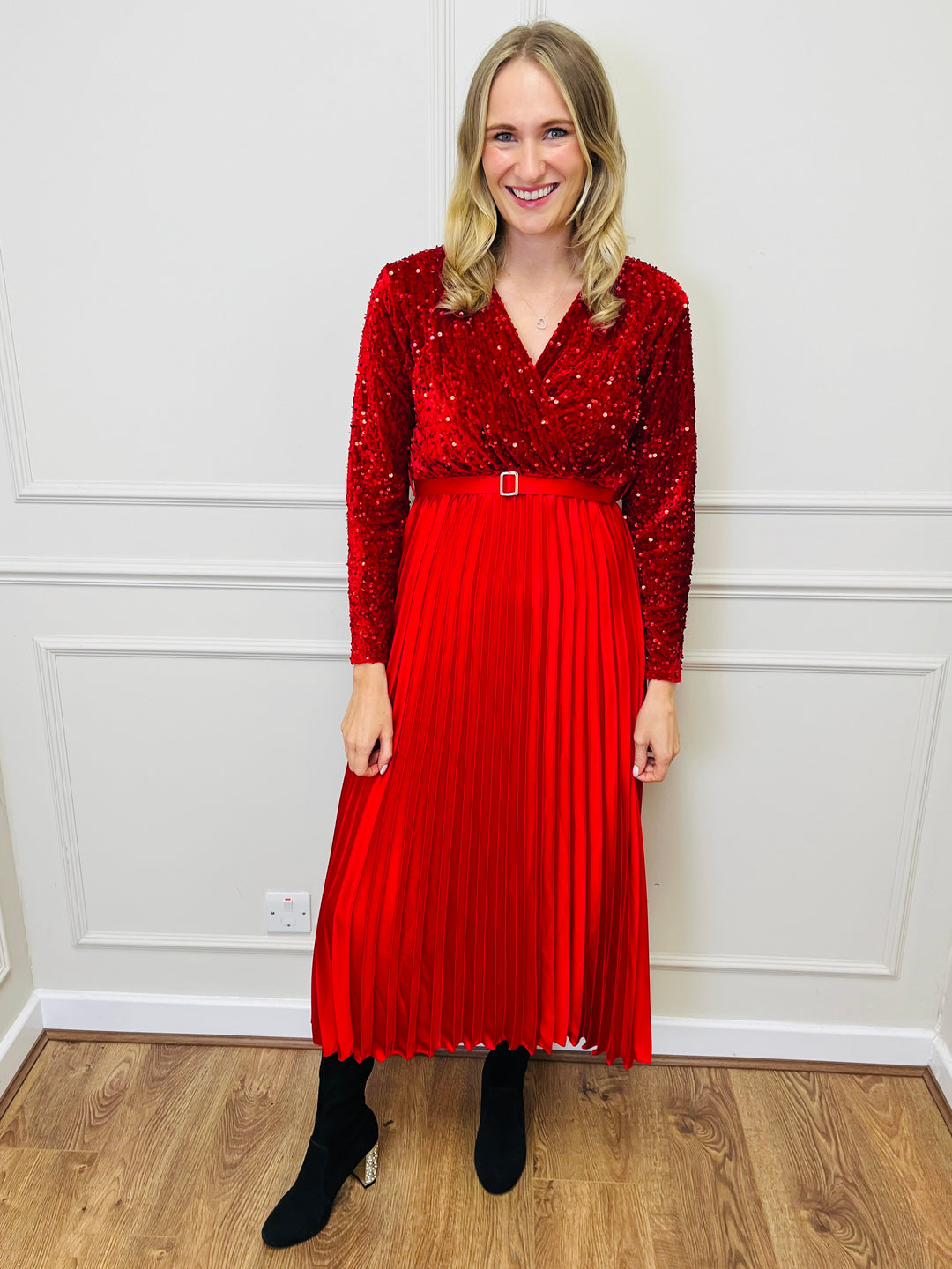 "ROSALIE" Pleated Dress-Red