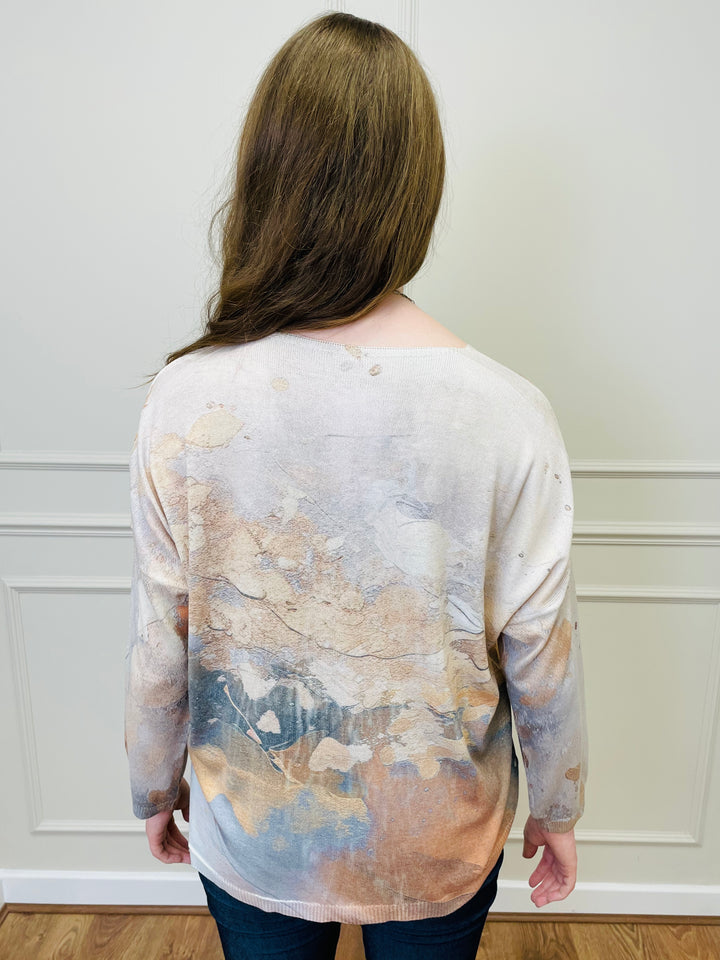 "AUTUMN" Floral Print Fine Knit-Cream & Mocha