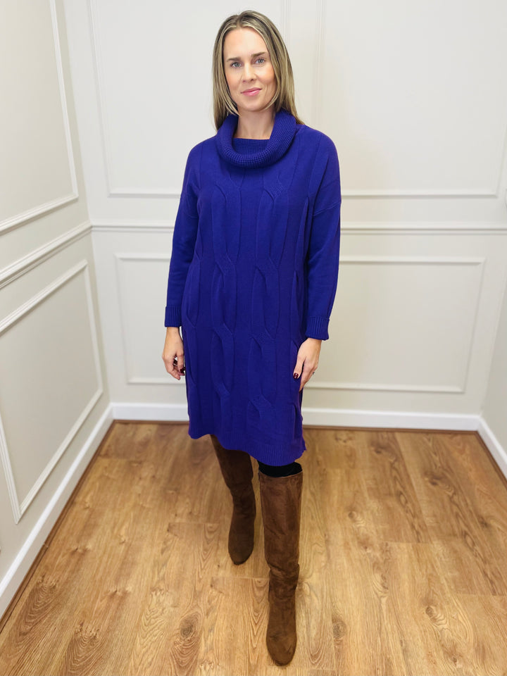 "BELINDA" Cable Knit Roll Neck Dress-Purple