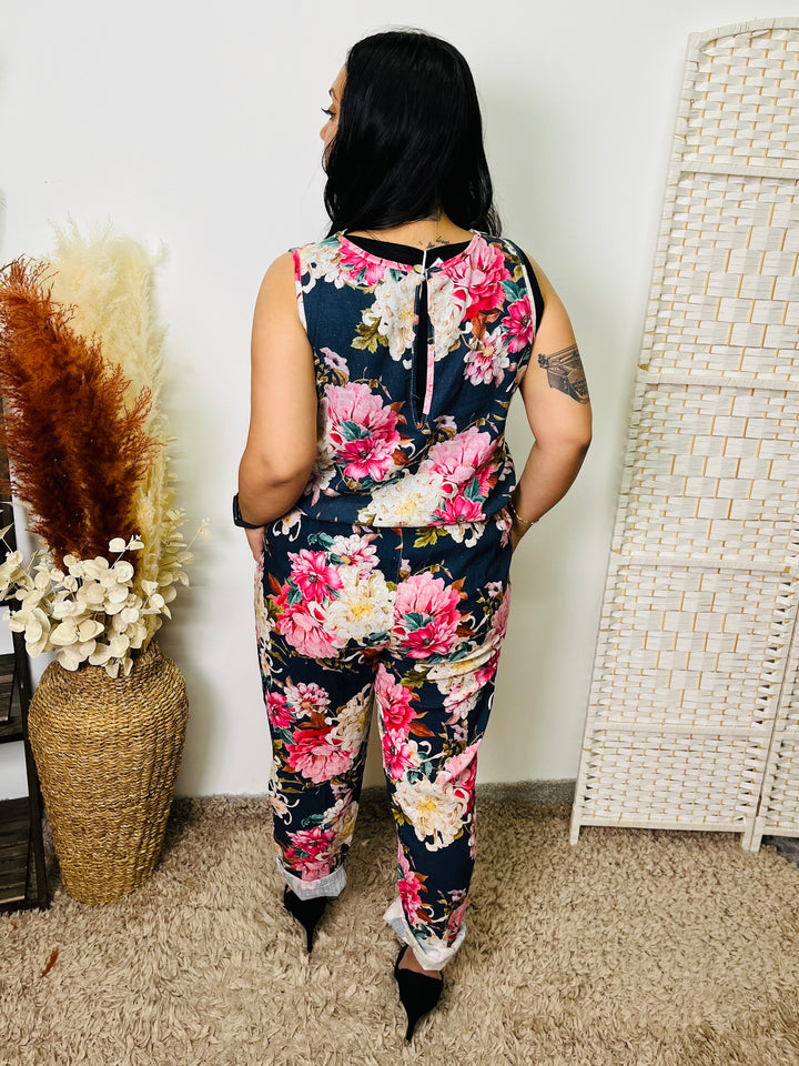 "OPHELIA" Floral Print Jumpsuit-Navy