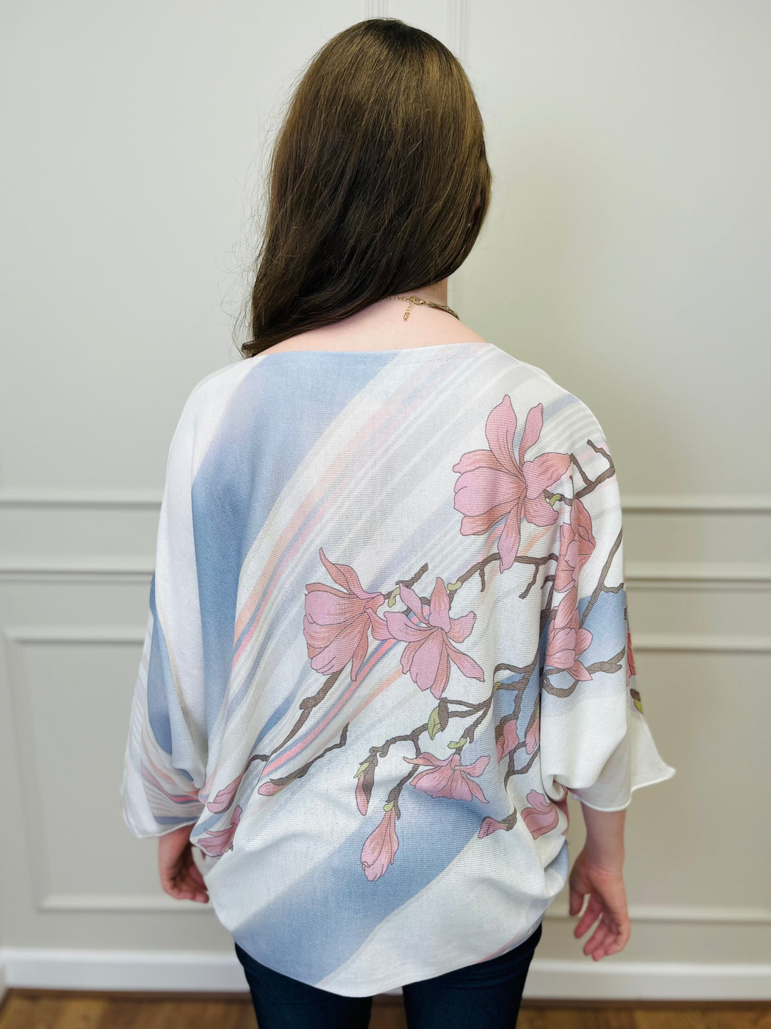 "SPRING" Floral Print Fine Knit-Cream & Blue