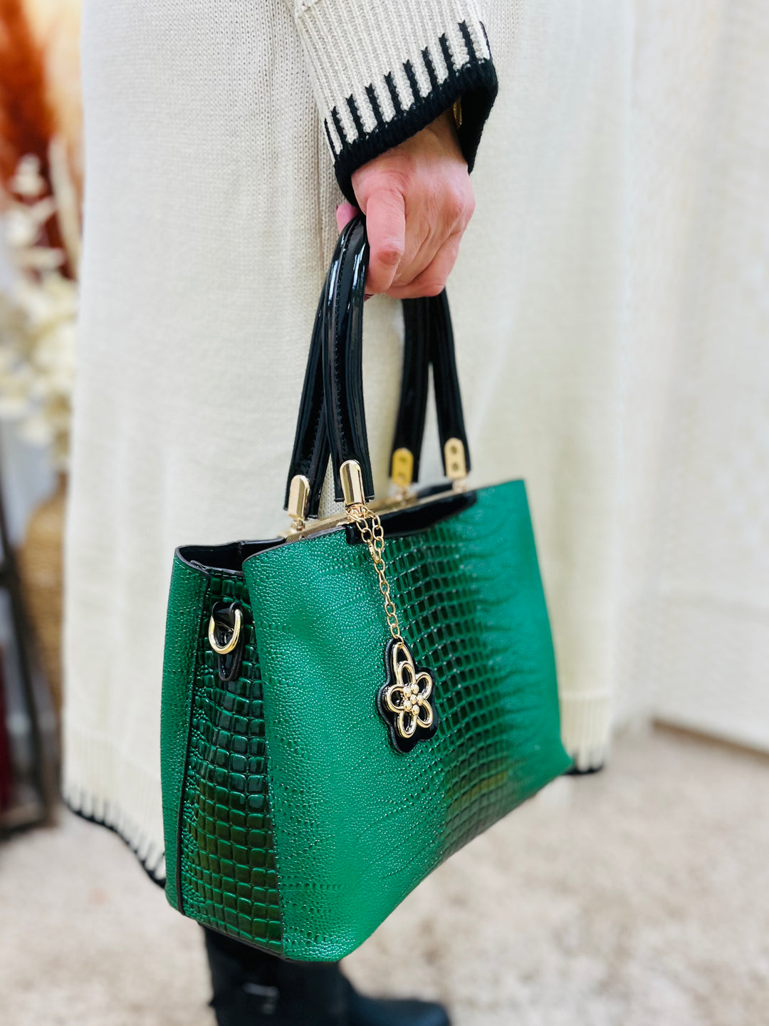 Croc Print Handbag-Green & Black