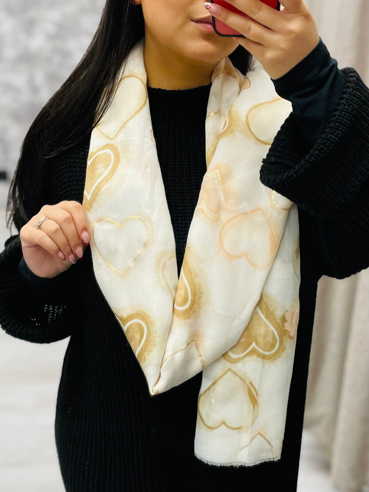 No.94 Heart Print Scarf-Cream & Gold