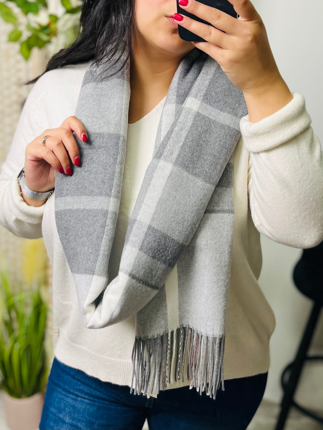 No.16 Check Print Scarf-Silver & Grey