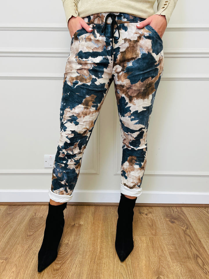 "CARMELA" Artistic Print Trouser-Cream & Navy