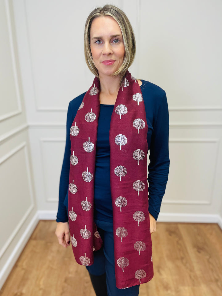 No.120 Tree Print Scarf-Burgundy & Grey