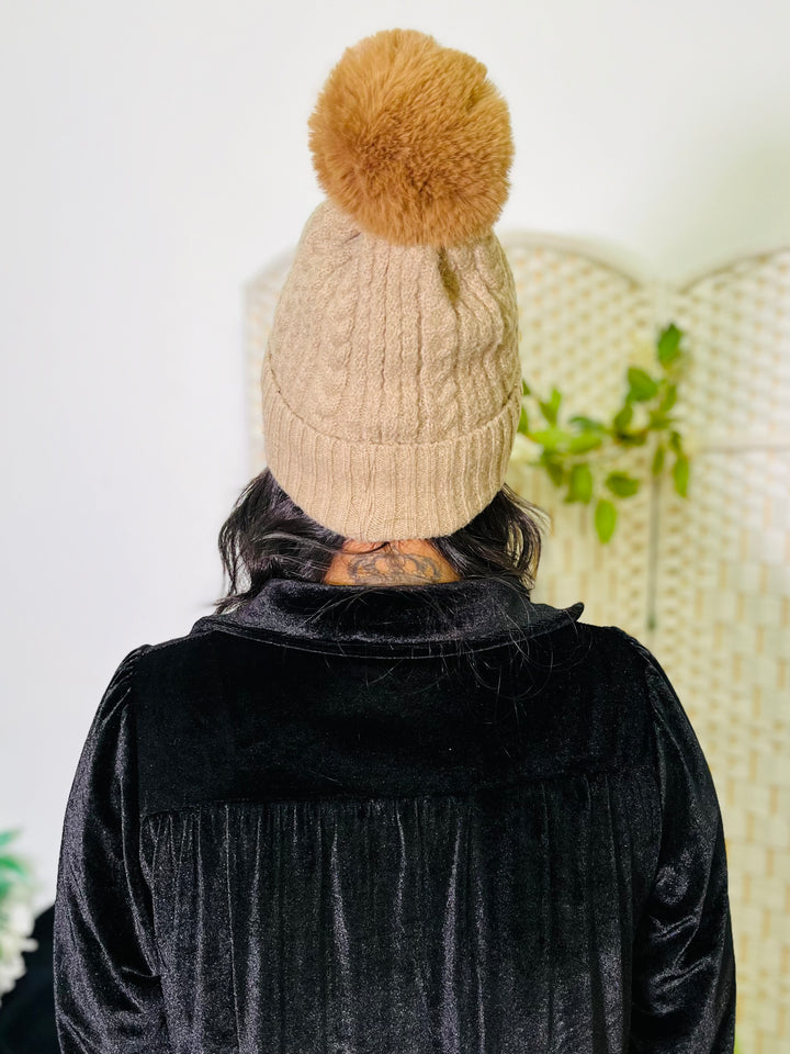 Mocha Knit Faux Fur Pom Hat