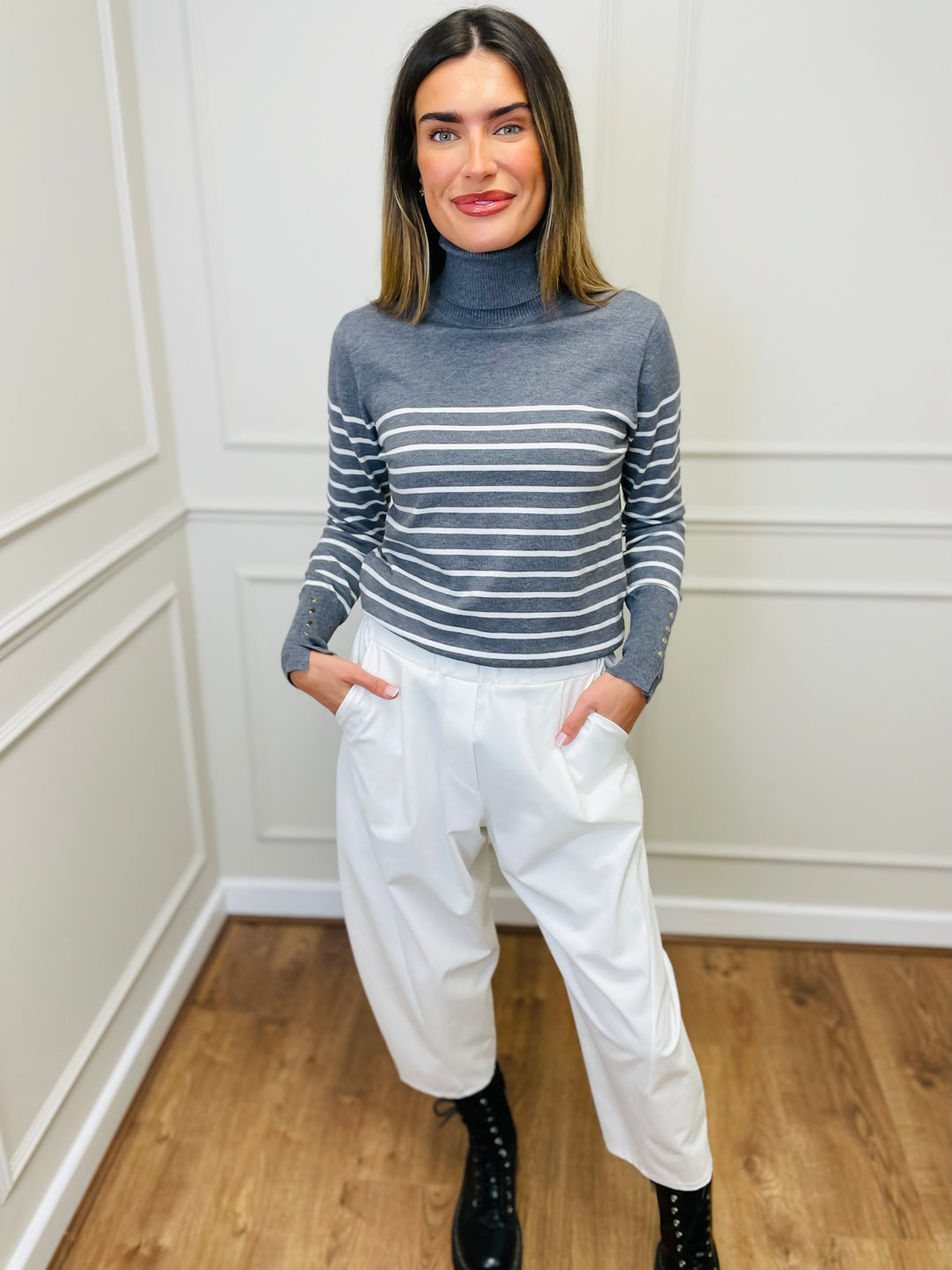 "GRACE" Stripe Print Jumper-Silver & White