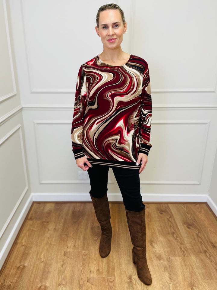 "ANNA" Printed Blouse-Burgundy & Tan