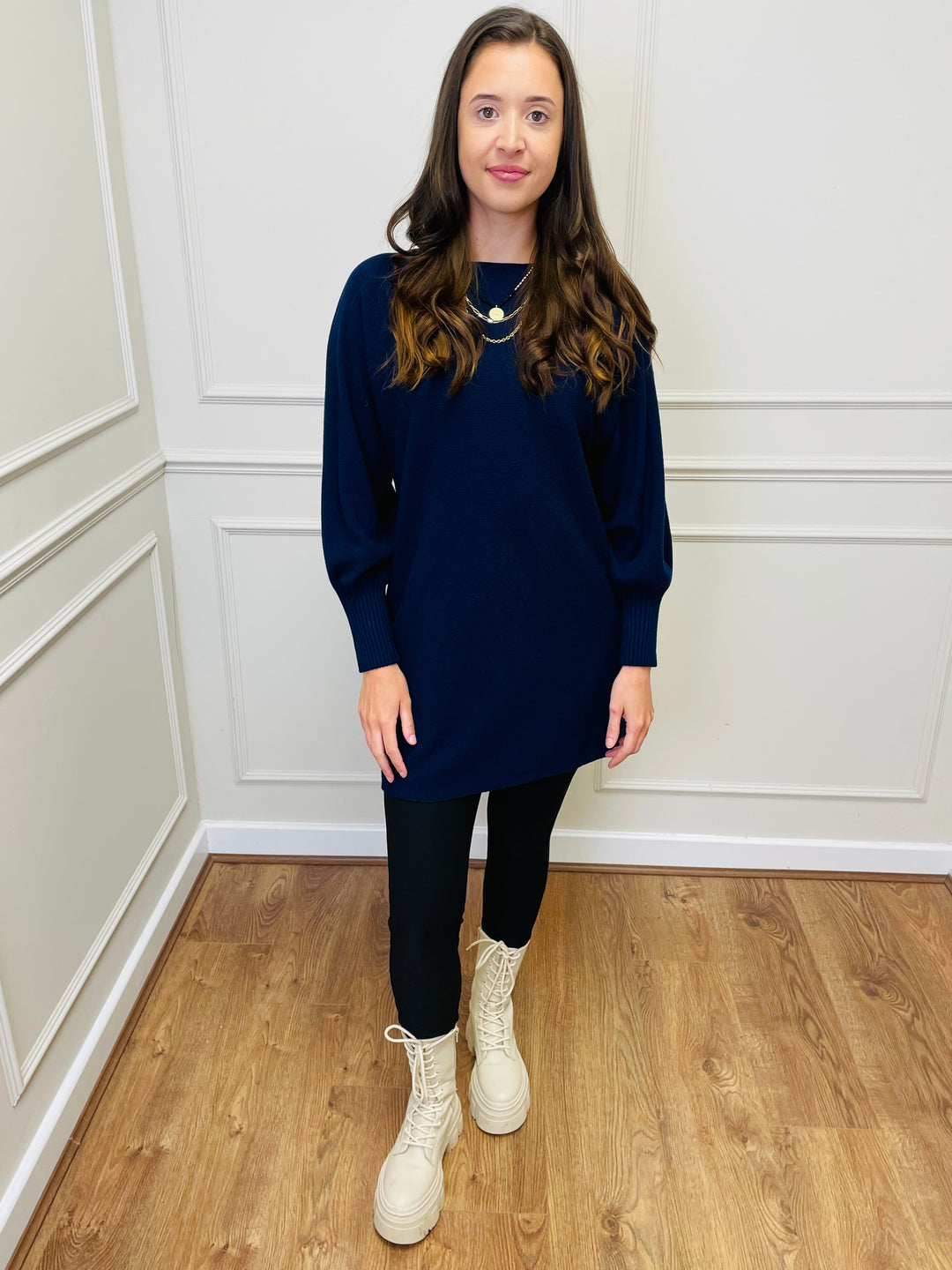 "EVELYN" Button Back Dress-Navy